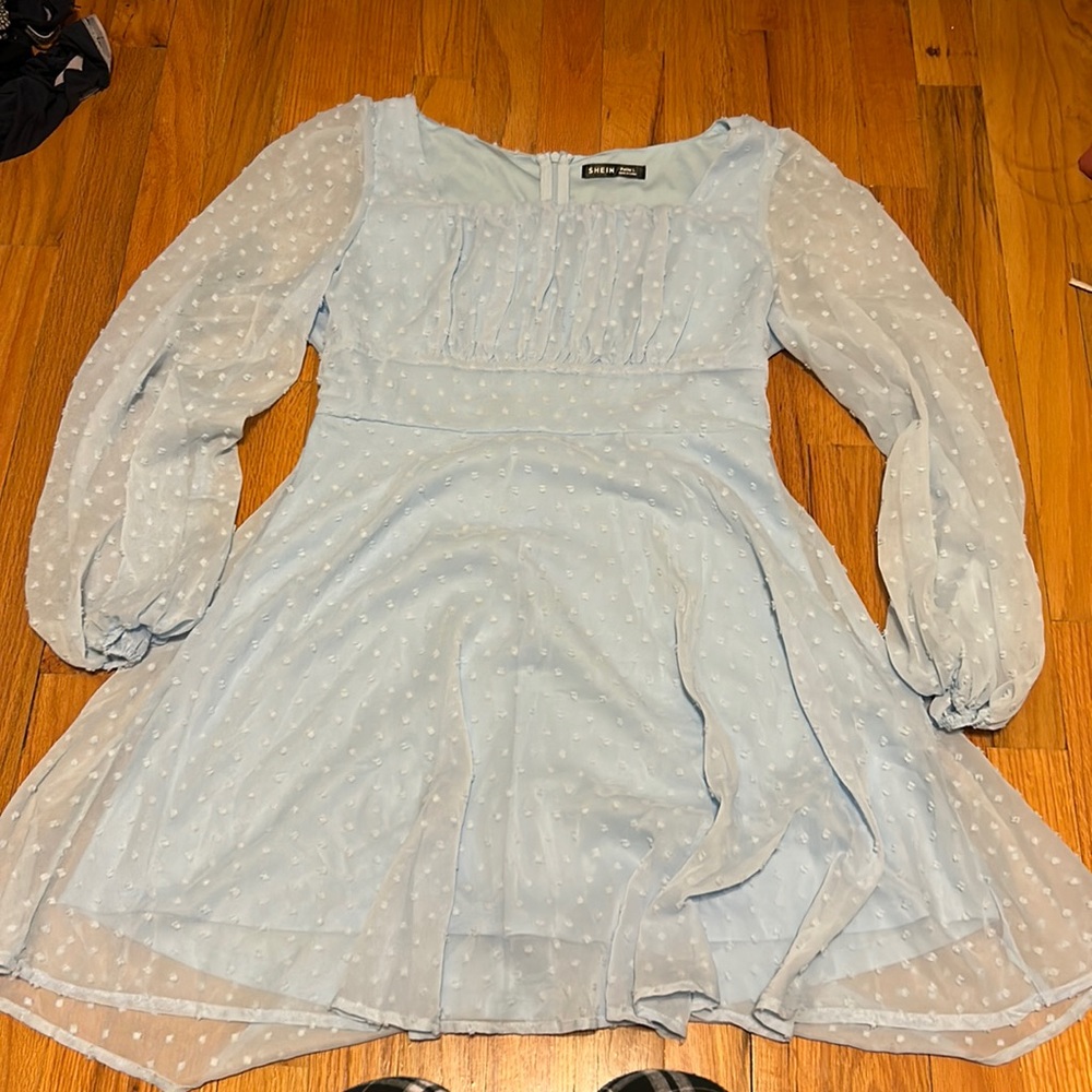 SHEIN Dot Light Blue Longsleeve Dress